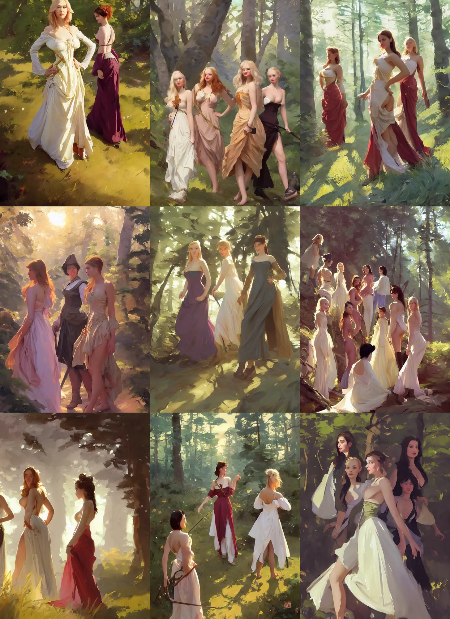 Prompt: group of beautiful ukrainian scandinavian attractive glamour models wearing 1 7 th century bodice with low neckline walking in the woods at sunset, jodhpurs greg manchess painting by sargent and leyendecker, studio ghibli fantasy medium shot asymmetrical intricate elegant matte painting illustration hearthstone, by greg rutkowski by greg tocchini by james gilleard