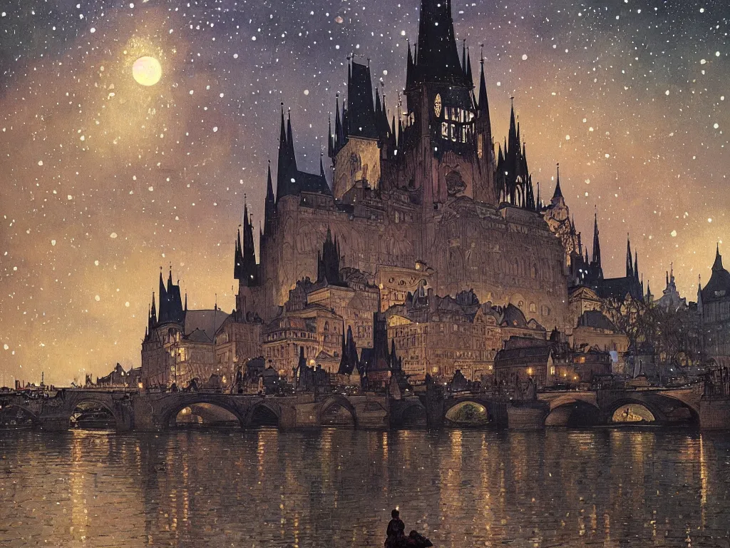 Prompt: a view from the river of prague at night with the sky full of stars, intricate, elegant, highly detailed, digital painting, artstation, concept art, smooth, sharp focus, colored illustration for tattoo, art by krenz cushart and artem demura and alphonse mucha,