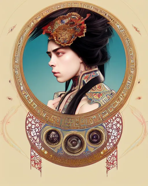 Prompt: portrait of a turkish masculine female billie eilish cyberpunk machine, machine face, full body portrait, decorated with ottoman opera motifs, muscular, asian, fine china, wuxia, traditional chinese art, intricate intense elegant, highly detailed symmetry headpiece digital painting artstation concept art smooth sharp focus illustration, art by artgerm and greg rutkowski alphonse mucha 8 k