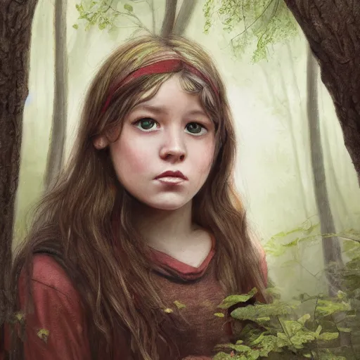 Image similar to a candid portrait of a girl wearing in the woods, atmospheric, highly detailed, portrait painting, fairytale, fantasy, illustration by scott gustafson