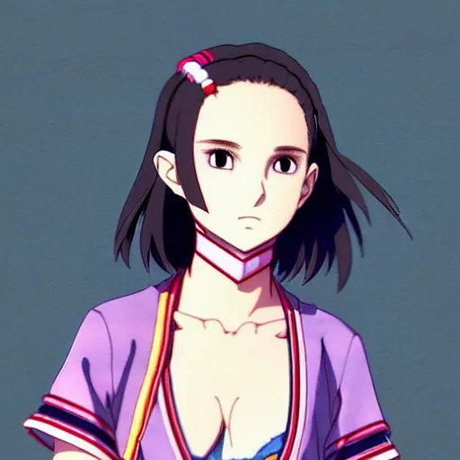 Image similar to a beautiful! boyish! natalie portman alluring gravure! model, wearing japanese school girl outfit with mayan pattern and native style, aztec street fashion, gapmoe yandere grimdark, trending on pixiv fanbox, painted by greg rutkowski makoto shinkai takashi takeuchi studio ghibli, akihiko yoshida