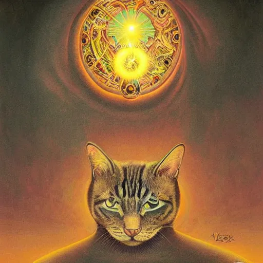 Image similar to a cat having an ego trip, by alex grey, by Esao Andrews and Karol Bak and Zdzislaw Beksinski and Zdzisław Beksiński, trending on ArtStation