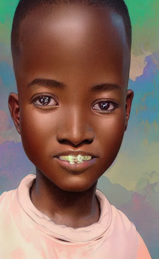 Image similar to colourful upper half portrait of an african boy with sliver teeth grillz, art by hsiao - ron cheng & alphonse mucha, highly detailed, digital painting, ray tracing, concept art, illustration, smooth sharp focus, intricate, symmetry, artstation,