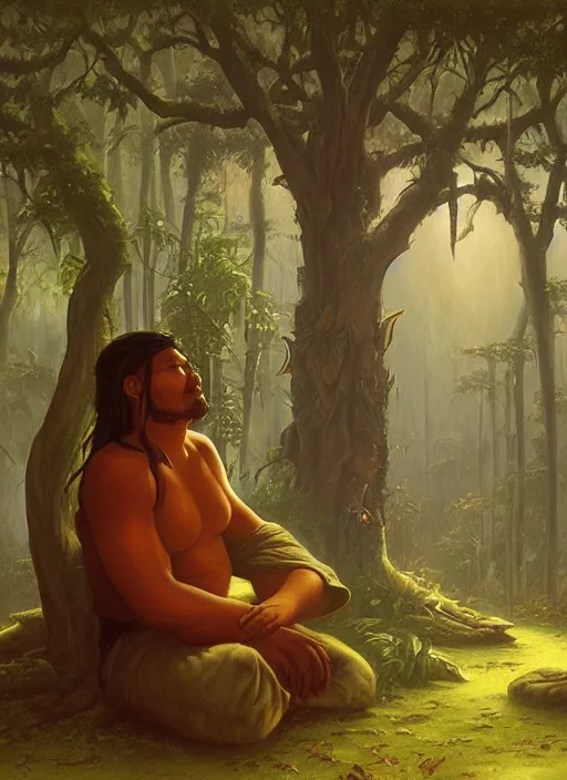 Image similar to an indigenous man sitting and praying in the jungle, while ghosts of his ancestors watch over him, art by christophe vacher