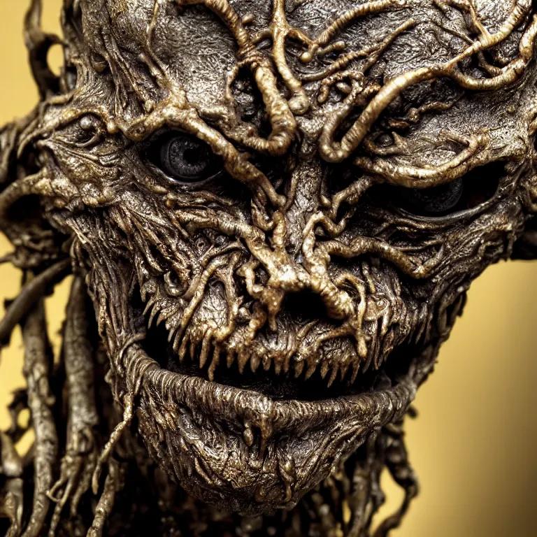 Prompt: photo taken of an epic intricate, ultra detailed, super realistic gritty, wet, lifelike sculpture of a nightmarish hellish alien ghoulish creature created by weta workshop, zoomed in shots, subsurface scattering, photorealistic, sharp focus, white wall coloured workshop, cold colour temperture, f 0. 4, face centred, golden ratio, golden hour