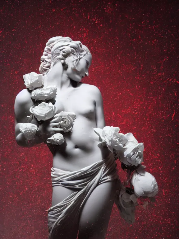 Image similar to portrait art venus of milo sculpture made of white marble, concept art, red roses exploding from her heart, volumetric lighting, hyperrealistic, focused, extreme details, masterpiece, fine details