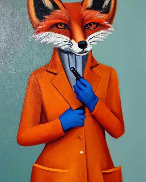 Image similar to oil painting portrait of anthropomorphic female fox animal dressed in labcoat, surgical mask covering mouth, with syringe, fox animal, hospital in background, oil painting,