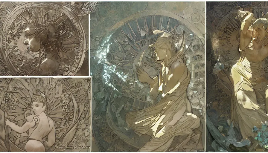 Prompt: craig mullins, studio ghibli, and alphonse mucha illustration of a relief sculpture of the sun on top of a fountain in a garden, flowers, unreal engine, hyper realism, realistic shading, cinematic composition, realistic render, octane render, detailed textures, photorealistic, wide shot