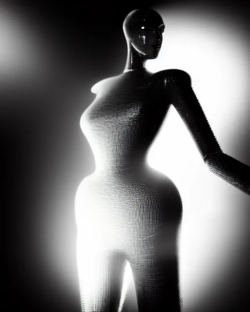 Image similar to black and white high quality photo of a female AI-queen-dragon-meshes-mannequin-cyborg looking into a sci-fi mirror, volumetric lighting, brutalism, foggy, dreamy, hyperdetailed, bokeh, photorealistic, cinematic, masterpiece, elegant, dark, by Man Ray in the style of Horst P. Horst, octane render, 8K,