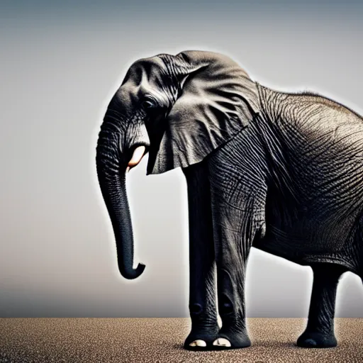 Image similar to an elephant falling apart and crumbling to dust to the air, photorealistic