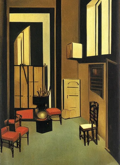 Image similar to a backroom painting by giorgio de chirico