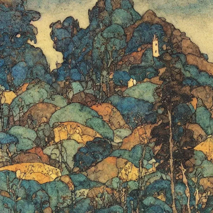 Image similar to a building in a landscape, by edmund dulac