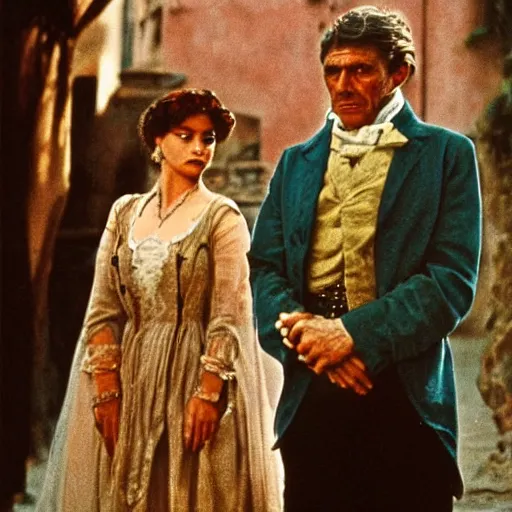 Image similar to a scene from the leopard by luchino visconti with burt lancaster and claudia cardinale set in sicily in the 1 9 th century. technicolor, masterpiece cinematic