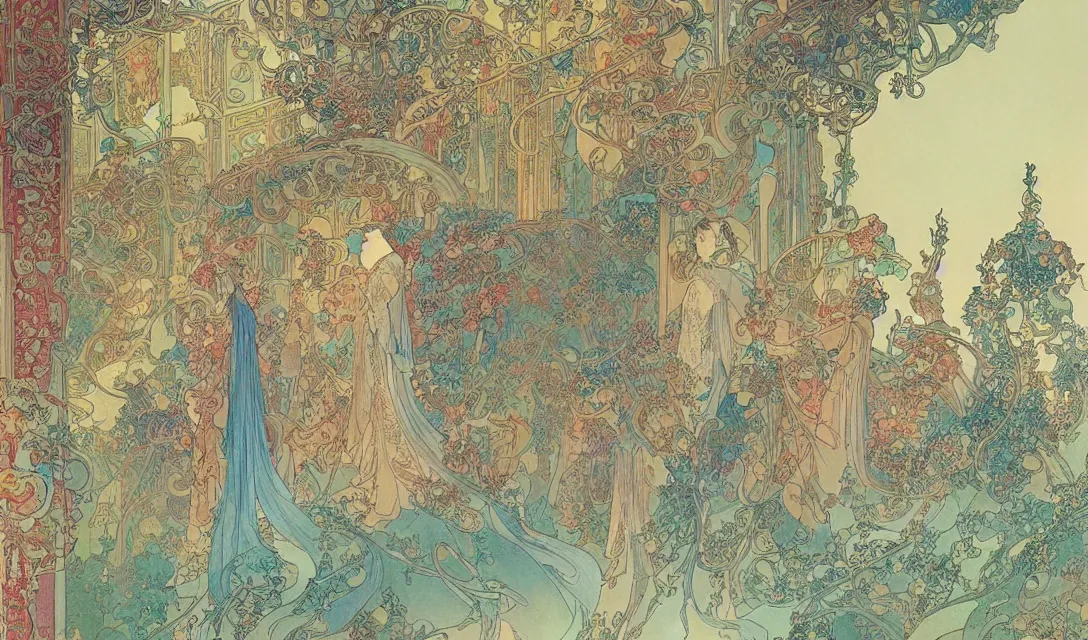 Prompt: a gorgeous symmertrical chinese palace, illustration by alfons mucha and victo ngai