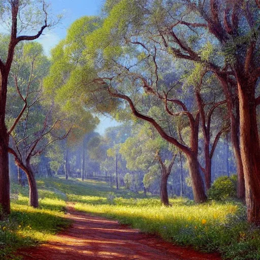 Image similar to a painting of a dirt road surrounded by oak trees and eucalyptus trees and california golden poppies, woodland hill in the distance. an oil painting by Peter Mohrbach and Mark Keathley, featured on deviantart, australian tonalism, pre-raphaelite, impressionism, detailed painting