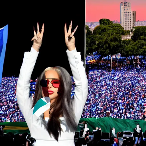 Image similar to Lady Gaga as president, Argentina presidential rally, Argentine flags behind, bokeh, giving a speech, detailed face, Argentina