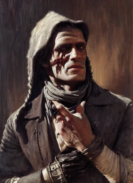 Image similar to frankenstein. Old west bounty hunter (rdr2). Iranian orientalist portrait by john william waterhouse and Edwin Longsden Long and Theodore Ralli and Nasreddine Dinet, oil on canvas. Cinematic, hyper realism, realistic proportions, dramatic lighting, high detail 4k