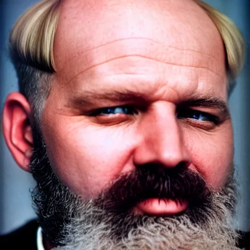 Image similar to color 35mm film still of a balding, middle aged blond man with a full blond beard and dark blue eyes, figure portrait