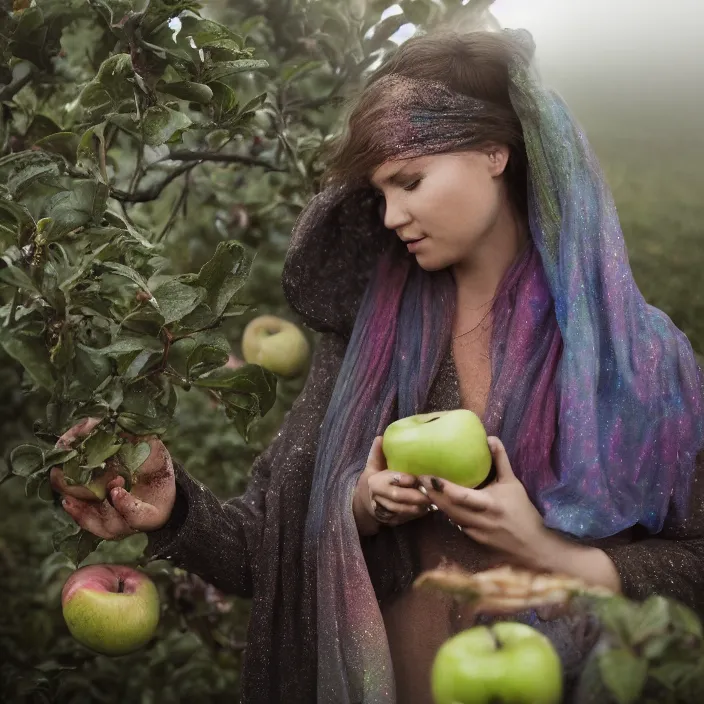 Image similar to a closeup portrait of a woman wearing a muddy iridescent holographic scarf, picking apples from a tree in an orchard, foggy, moody, photograph, by vincent desiderio, canon eos c 3 0 0, ƒ 1. 8, 3 5 mm, 8 k, medium - format print