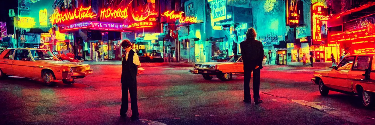 Image similar to 8 0 s polaroid photo, cinema still from hollywood movie, sleazy man watching night streets, colorful haze, americana, high production value, 8 k resolution, hyperrealistic, hdr, photorealistic, high definition, high details, tehnicolor, award - winning photography, masterpiece, amazing colors