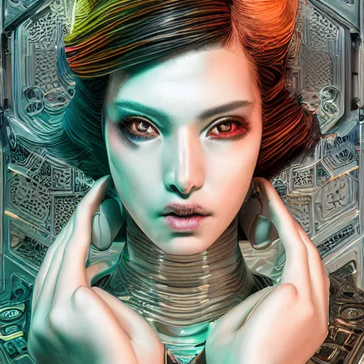 Image similar to the portrait of an absurdly beautiful, graceful, elegant, sophisticated, fashionable cyberpunk gravure idol, an ultrafine hyperdetailed illustration by kim jung gi, irakli nadar, intricate linework, bright colors, collage, porcelain skin, unreal engine 5 highly rendered, global illumination, radiant light, detailed and intricate environment