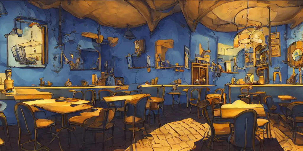 Image similar to cafe interior, blue tones, fantasy art, 2 d game art