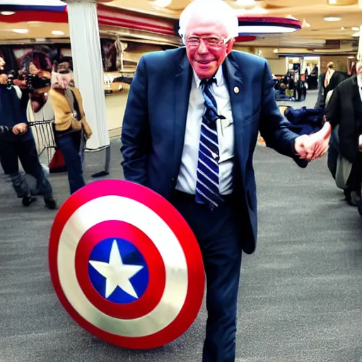 Image similar to bernie sanders with captain america's shield