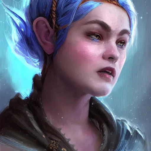 Image similar to Portrait of rugged adult female gnome, D&D fantasy magic, pixie undercut hairstyle, blue thunder lightning magic, blue light, intricate, highly detailed, digital painting, artstation, concept art, sharp focus, from Valerian and the City of a Thousand Planets, in the style of Ruan Jia and Mandy Jurgens and Artgerm and Greg Rutkowski and William-Adolphe Bouguerea