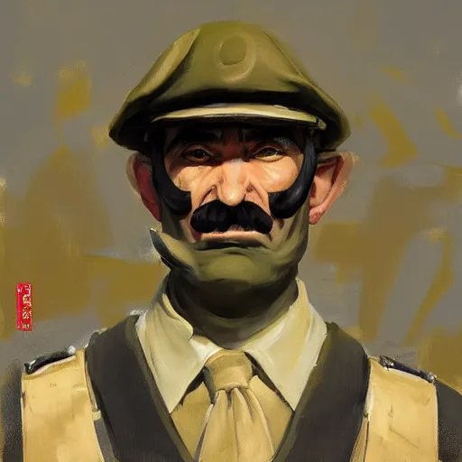 Image similar to greg manchess portrait painting of tactical waluigi, military art, medium shot, asymmetrical, profile picture, organic painting, sunny day, matte painting, bold shapes, hard edges, street art, trending on artstation, by huang guangjian and gil elvgren and sachin teng