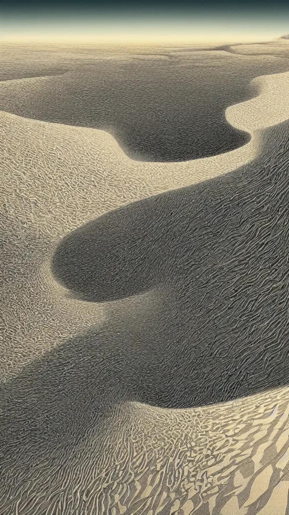 Image similar to highly detailed illustration of a place where sand dunes and the ocean meet at night by nico delort, moebius, oliver vernon, joseph moncada, damon soule, manabu ikeda, 4 k resolution