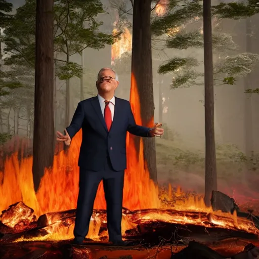 Image similar to Prime Minister Scott Morrison in front of a forest fire, wearing shorts and a Hawaiian hat, hose in the ground, smoke, , cinematic, hyper realism, high detail, vivid colors, octane render, unreal engine, 8k