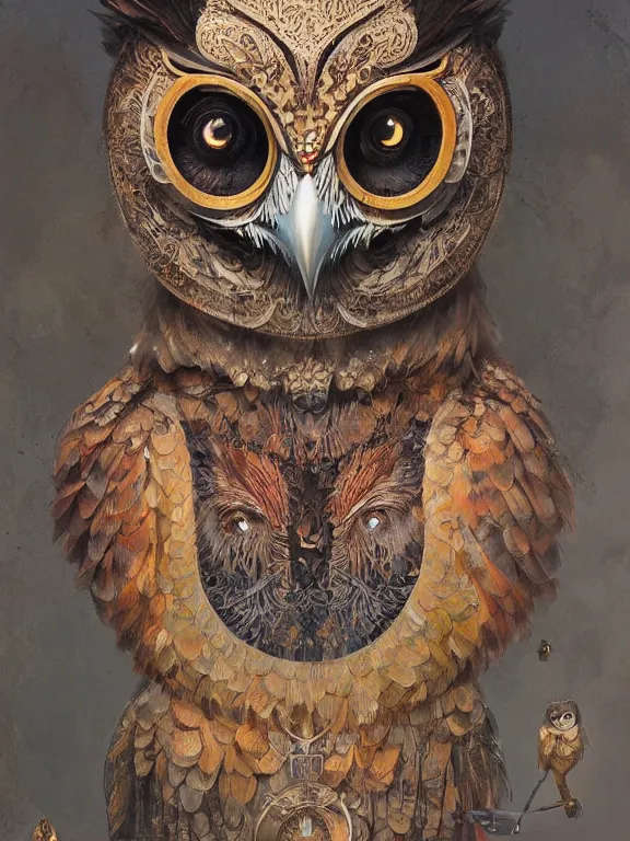 Prompt: a ultradetailed beautiful concept art of a an intricate wooden mask of an owl painted with beautiful colors, but the mask seems to hide some dark secret, wear it if your dare, concept art, high resolution 4 k, by tom bagshaw, greg rutkowski, charli bowater and artgeem