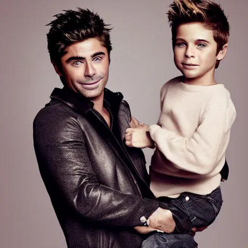 Prompt: portrait of zac efron and john stamos as father and son, vogue magazine, dramatic light, photoshoot, face photo,