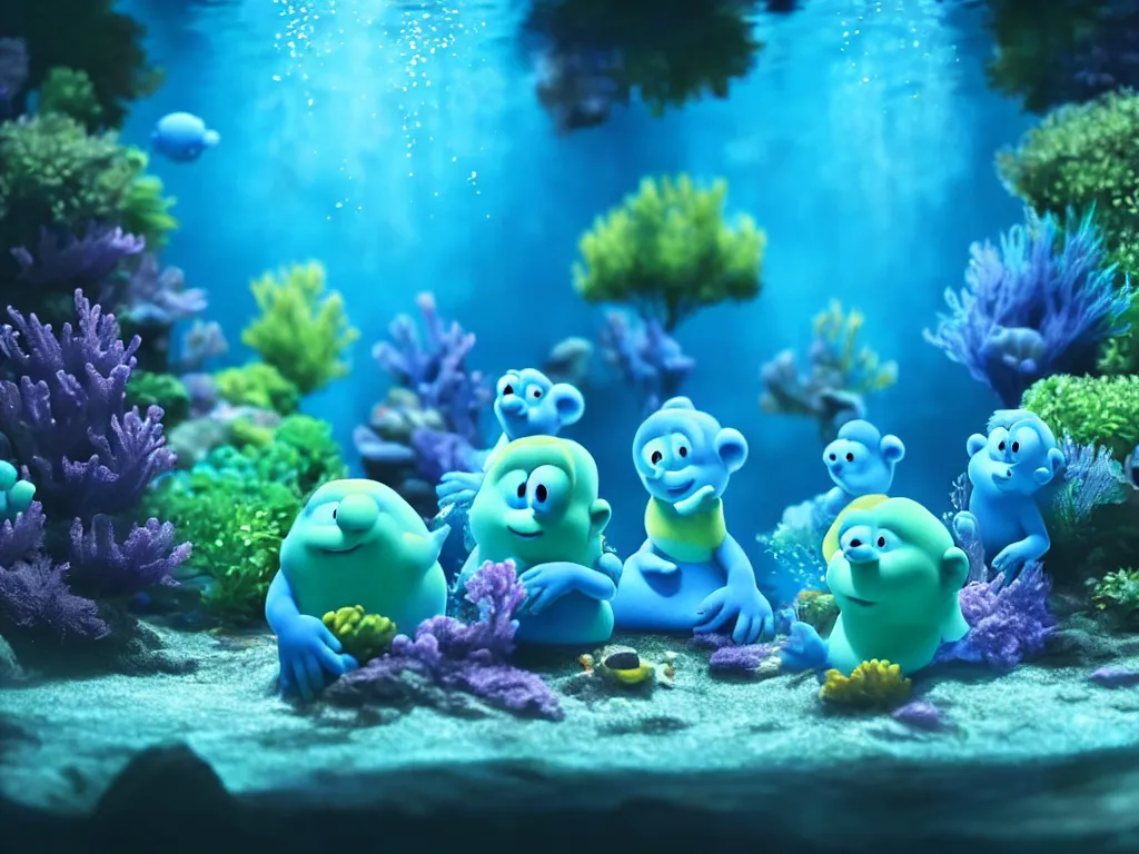 Prompt: underwater smurfs swimming with bioluminescent fishes, photorealistic painting, cgi, low volumetric light, movie still, very cute and cozy and fluffy and sweet