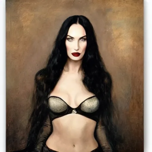 Prompt: upper body portrait megan fox as morticia addams by female adventurer by alfred stevens