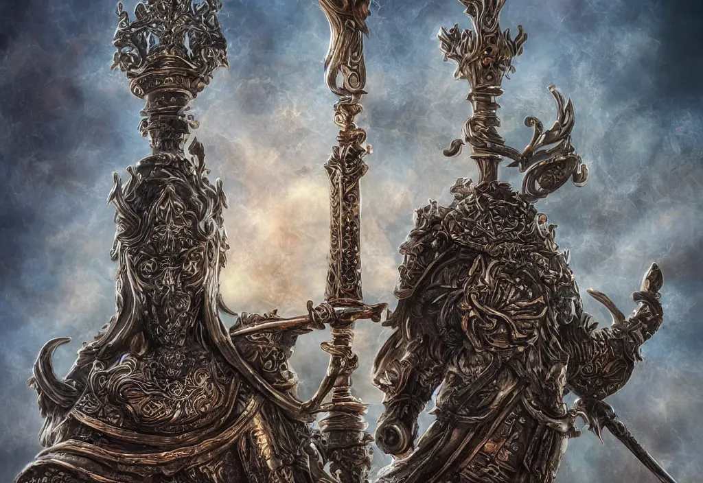 Prompt: ornate broadsword sticking out of ground main focal point, 4k ultra hd, fantasy dark art