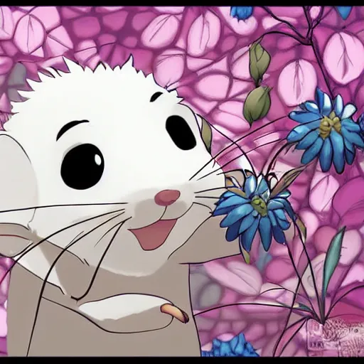 Image similar to white rat holding a flower cinematic composition, studio ghibli, digital art, cute