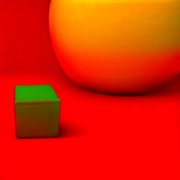 Image similar to a 3 d render of a stack of green cubes on the left and an orange ball on the right in a red room, blender, ue 5, octane render, trending on artstation