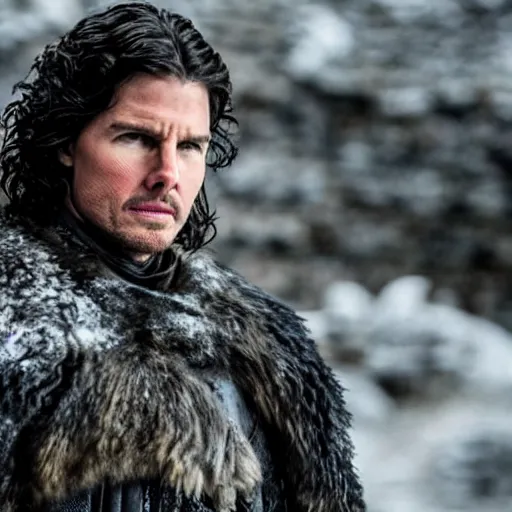 Prompt: still of tom cruise as jon snow in game of thrones