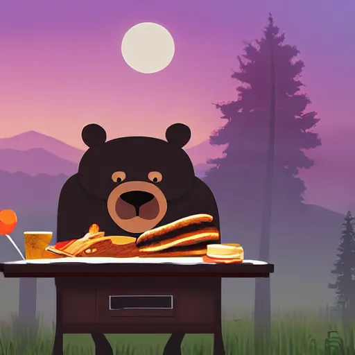 Image similar to a big muscular manly bear grilling pancakes at sunrise, digital art