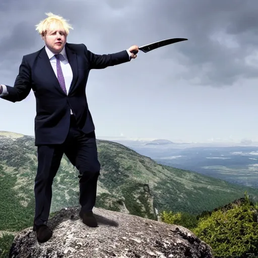 Image similar to Boris Johnson holding a sword standing on top of a mountain