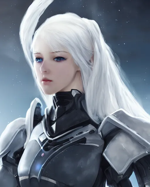 Image similar to perfect white haired girl, warframe armor, beautiful, dreamy, pretty face, blue eyes, detailed, windy weather, scifi, utopian architecture, laboratory, 4 k, ultra realistic, aura of light, cinematic, high detail, masterpiece, art by akihito tsukushi, akasuki brightmind