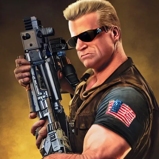 Image similar to UHD candid photo of Duke Nukem holding a Gatling gun in a crowded theater, accurate faces, UHD, photorealistic, correct face, photo by Annie Leibowitz