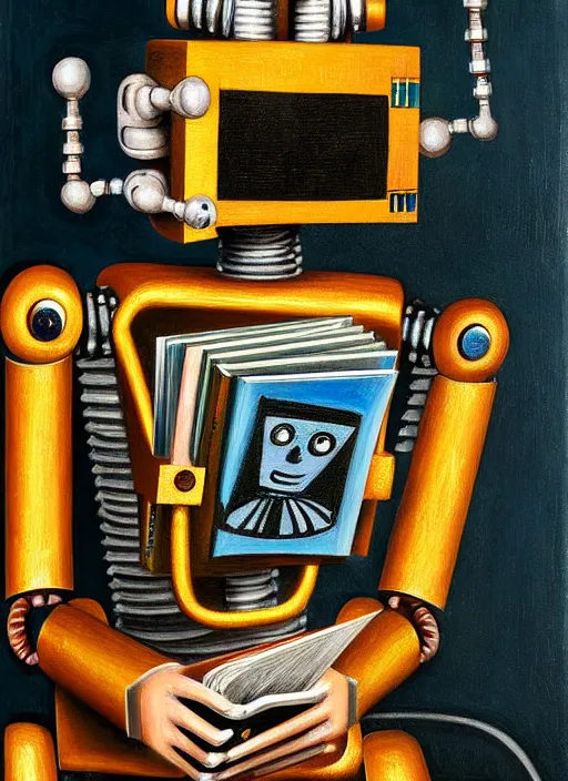 Image similar to portrait of a robot reading a book, highly detailed, painting by otto dix, 8 k