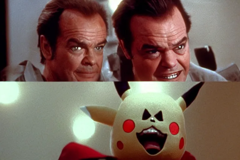 Image similar to Jack Nicholson plays Pikachu Terminator, his endoskeleton gets exposed and his eye glows red