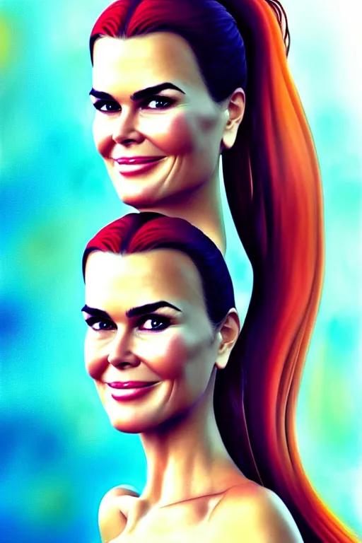 Image similar to portrait of a mix of beautiful young maria shriver, mariel hemmingway, brooke shields, nicole kidman and elle macpherson as a mermaid, thin lips, hair tied up in a pony tail, colorful artstation, cgsociety