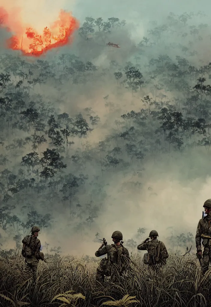 Image similar to handmade illustration of an epic Vietnam war scene with only one american soldiers stand still, the jungle at the background, some smoke and fire, blue sky with dramatic clouds, line art, ballpoint, oil on canvas by Kilian Eng and by Jake Parker, heavy brushstrokes, winning-award masterpiece, fantastic, octane render, 8K HD Resolution, High quality image