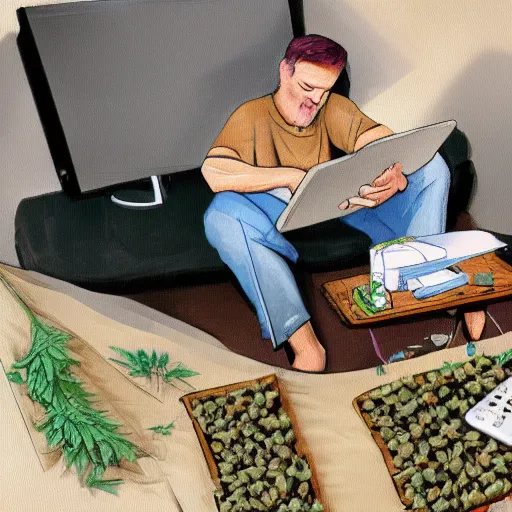 Image similar to a man sitting at his computer with a rolling tray and a pile of weed ground up in front of him, painting