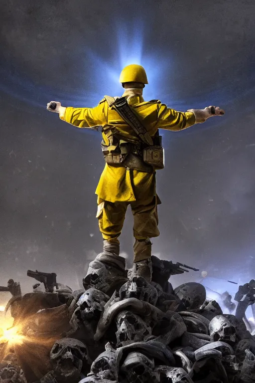 Prompt: A distant front view shot of a soldier with blue and yellow flag in his hand while he is standing on a huge pile of skulls in triumph after the battle, head is up, flag in his right hand, dark atmosphere, Battlefield 5, bright rays of light, beams of light, intricate, volumetric lighting, volumetric lights, highly detailed, smooth, artstation, digital illustration by Ruan Jia and Mandy Jurgens and Artgerm and Wayne Barlowe and Greg Rutkowski and Frank Frazetta