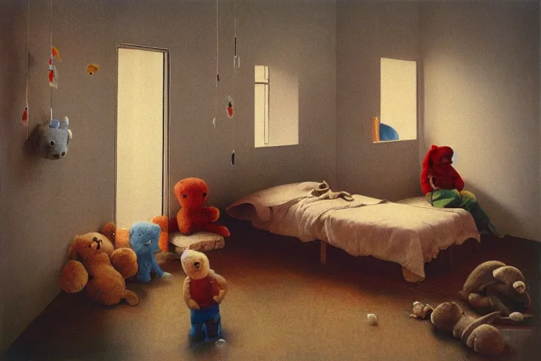 Image similar to An IKEA catalogue photo of a childrens bedroom, with huge cuddly toys, by Beksinski